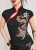 Tendência Nacional Transfronteiriça Colete com Estampa de Dragão Dourado Decote Halter Retro Slim Fit Gola Qipao Novo Estilo Chinês Top Acinturado Roupas Femininas Atacado