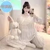 Pijama de Algodón Nube para Primavera, Otoño e Invierno con Almohadillas Fijas en el Pecho para Mujer, Ribete de Encaje, Talla Grande 110 kg Conjunto de Ropa para el Hogar