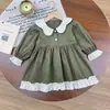 Vestido de niña estilo coreano para primavera y otoño, de manga larga, con encaje floral, cuello camisero, sencillo, estilo princesa, vestido de primavera para niños