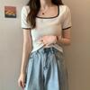 Verano Nuevo talla grande Gordita MM2025 Clavícula Ligeramente Gordita Cuello Cuadrado Manga Corta Camiseta Mujer Primavera y Otoño Interior Adelgazante Top