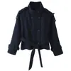 Fabricante Mayorista de Ropa para Mujer Transfronteriza Otoño/Invierno 2026 Nuevo Estilo Europeo Abrigo de Lana de Doble Botonadura con Cuello Alto y Cordones