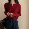 Cardigan de tricô azul redondo, suave e simples, para mulheres, de manga longa, abotoado, peça de outer wear versátil em tricô, suéter estilo coreano com vibe descontraída