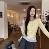Camiseta de Manga Larga a Cuadros Falsa de Dos Piezas Amarilla para Mujer, Nuevo Estilo Otoño e Invierno, Camiseta Base de Capa Interior con Encaje, Top Dulce y Picante Chic