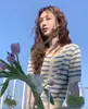 Camiseta de Punto de Seda Helada a Rayas Azules de Manga Corta para Mujer Verano 2025 Nuevo Delgado Holgado Cardigan Top Calado