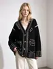 Suéter feminino europeu e americano plus size, novo outono e inverno versátil contraste preto e branco estilo casual solto jaqueta cardigã de tricô