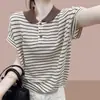 Camiseta de Manga Corta Rayada de Seda Helada para Mujer, Nuevo Estilo Verano 2026, Cuello Polo, Corte Holgado, Diseño Adelgazante, Top de Punto