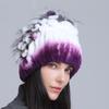 Gorro de Lana Grueso de Invierno Nuevo para Mujer Estilo Europeo y Americano, Gorro de Piel de Conejo Rex, Gorro de Punto con Cinturón Lateral y Flor