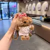 Vestido lindo estilo coreano de lunares con colgante de cachorro marrón, accesorio para bolso llavero de oso de peluche con lazo a cuadros