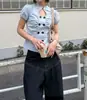 Nueva Camiseta de Verano Ins Sexy Picante para Chica con Aberturas Doble Botonadura Mangas Abullonadas Cortas para Mujer, Top Versátil de Nicho Ajustado para Mujer