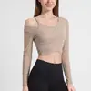 Top esportivo de malha com decote V cruzado, manga longa, secagem rápida, respirável, roupa de yoga para mulheres, top esportivo para Pilates, roupa fitness