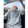 Camisa Polo a Cuadros Azul Salmón para Hombre, Camisa Dopamina de Verano, Camisa de Manga Corta Holgada de Media Manga