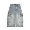 Shorts de Mezclilla Estilo Retro Americano para Hombres y Mujeres, Pantalones Cortos de Pierna Ancha Lavados y Desgastados de Verano, Pantalones de Pierna Recta de Longitud Media con Múltiples Bolsillos