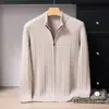Cárdigan de punto trenzado 100% cachemir puro para hombre para otoño e invierno, jersey de cuello semi-alto, media cremallera, color liso, suéter casual de negocios