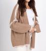 Suéter Transfronterizo para Mujer Otoño e Invierno Ropa Exterior Cuello en V Cárdigan de Punto Suelto Versátil Estilo Universitario Chic Suéter Abrigo de Color en Contraste