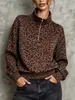 Moletom com Capuz Meio Zíper Gola Alta Estampa de Leopardo Europeu e Americano Transfronteiriço para Mulheres Solto Ombro Caído Manga Longa Pulôver Top Roupas Femininas