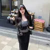 Cardigã longo preto com capuz combinado com uma regata listrada, conjunto casual de outono feminino de três peças com saia longa bodycon de cintura alta