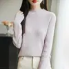 2025 Início do Outono Novo Tricô de Algodão Puro Gola Alta Meia Manga Cor Sólida Listrado Elegante Camisa Básica Top para Mulheres