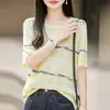Camiseta de tricô listrada color-block estilo francês de manga curta para mulheres, fina para o verão, solta, modeladora, respirável, versátil, camiseta base de meia-manga