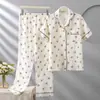 Pijama de Gasa de Algodón de Doble Capa Nuevo 2026 para Mujer, Estilo Primavera y Otoño, Algodón Puro Clase A de Manga Corta y Pantalón Largo, Conjunto de Ropa de Casa de Lujo Ligero