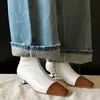 Botas Finas de Couro Genuíno Colorblock Femininas Botas Curtas Outono e Inverno Novo Bico Quadrado Zíper Lateral Estilo Coreano Couro Total Salto Bloco Botas Curtas Femininas