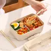 Lancheira estilo japonês com alça forno de micro-ondas lancheira de plástico compartimento de palha de trigo lancheira borda cruzada