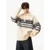 Suéter Jacquard de Punto Grueso Otoño Holgado para Pareja Cuello Alto Retro Perezoso con Cuello Fair Isle y Cremallera a Mitad