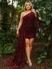 Site independente de comércio exterior europeu e americano vestido curto mini de festa com lantejoulas, manga longa, um ombro, plus size feminino