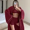 Nuevo Estilo Primavera y Verano 2026 Satén de Alta Gama Camisón de Manga Larga, Ropa Interior, Shorts, Pijama, Conjunto de Tres Piezas, Ropa de Casa Transfronteriza para Mujer