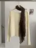 Suéter de tricô KEKEZOON com gola redonda, cor sólida e mangas compridas para mulheres, estilo coreano, simples e versátil, com um cachecol de estampa de leopardo, 9147
