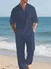 Nuevo Traje de Lino de Color Sólido para Hombre de Primavera y Otoño Camisa de Solapa de Moda Casual para Hombre Traje Holgado de Manga Larga