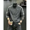 Chaqueta azul oscuro de tres rayas con cuello alto para hombre, otoño, chaqueta de béisbol deconstruida y empalmada, chaqueta bomber cleanfit
