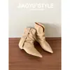 Botines retro versátiles de punta para mujer, nuevo estilo con hebilla de cinturón, diseño plisado, tacón grueso, estilo chic y atrevido, perfectos con pantalones