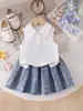 Ropa para Niñas 3-7 Años Top Polo de Verano sin Mangas para Niñas + Falda Plisada de Mezclilla Bordada