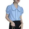 Tiro Real Camisa Azul Mujer Cuello de Muñeca Verano Pequeña Camisa Francesa Mujer Dulce Top de Manga Corta
