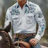 Camisa masculina nova de manga comprida europeia e americana transfronteiriça, estilo western, estampa digital, dois bolsos, gola lapela, roupa masculina confortável