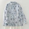Foto Real de Camisa Azul Floral Nueva de Otoño, Camisa Estampada, Camisa Estampada Artística Francesa, Top Versátil para Mujer