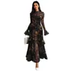 Nuevo Vestido Negro Estampado Europeo y Americano Manga de Hoja de Loto Estampado de Plantas y Flores Vestido de Nicho Vestido Largo de Vacaciones para Mujer