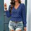 Primavera/Verão 2026 Temu Transfronteiriço Novo Europeu e Americano Gola Redonda Estampado Poá Franzido Manga Longa Decote V Moda Casual Top