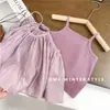 Chaleco de Verano para Niñas Nuevo Estilo Coreano Conjunto de Top en Capas y Tirantes Pantalones de Pierna Ancha Rayados para Niños Exportación