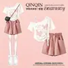 2026 Moda Feminina Chique Casual Doce Menina Cool Conjunto de Shorts de Uma Manga Curta Perna Larga para Crianças Médias e Grandes