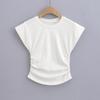 Camiseta de manga corta con hombros descubiertos y color sólido estilo viento europeo y americano para mujer 2023 Verano chica guapa nena ajustada plisada delgada temperamento chaqueta