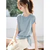 Design leve para viajantes, estrutura de sentido, alça plissada, gola redonda, manga curta, verão 2025, nova camiseta casual fina redutora de idade