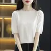 Suéter de tricô com ponto cruz de manga curta para mulheres, estilo novo, gola redonda, solto, para usar por baixo, outono, camisa base de meia manga, versátil, fino, manga média