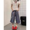 Pantalones Americanos Retro de Mezclilla de Largo Medio para Mujer en Verano, Pantalones Recortados Rectos de Pierna Ancha con Estampado Colorido, Shorts de Diseño Holgado