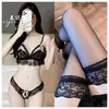 Hermoso y Atractivo Conjunto de Lencería Erótica Sexy de Encaje de Tres Puntos con Encantador Diseño de Perlas de Entrepierna Abierta para Bustos Pequeños, No Necesita Quitarse