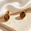 Pendientes de clip vintage de acero inoxidable sin perforación para mujer, con baño de oro real de 18 quilates, pendientes de piedra ojo de tigre de lujo ligero y a la moda que no se decoloran
