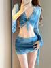 Conjunto de Traje de Baño de Cuatro Piezas Tie-Dye Azul para Mujer, Cubre Traje de Malla de Manga Larga, Falda con Cordón, Bikini, Ropa de Baño para Vacaciones en la Playa