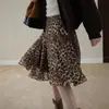 Falda Larga con Estampado de Leopardo Color Café de Nuevo Estilo 2026 para Mujer, Verano de Cintura Alta Elegante Línea A Adelgazante Casual con Volantes Midi