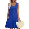 Vestido de Verano para Mujer Amazon Transfronterizo 2025 Holgado Cuello en U Bolsillo Sin Mangas Estampado Vestido Chaleco