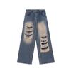 Jeans Rasgados Masculinos Verão Bonito Americano High Street Retrô Calças de Perna Larga Marca da Moda Solto Reto Calças Casuais